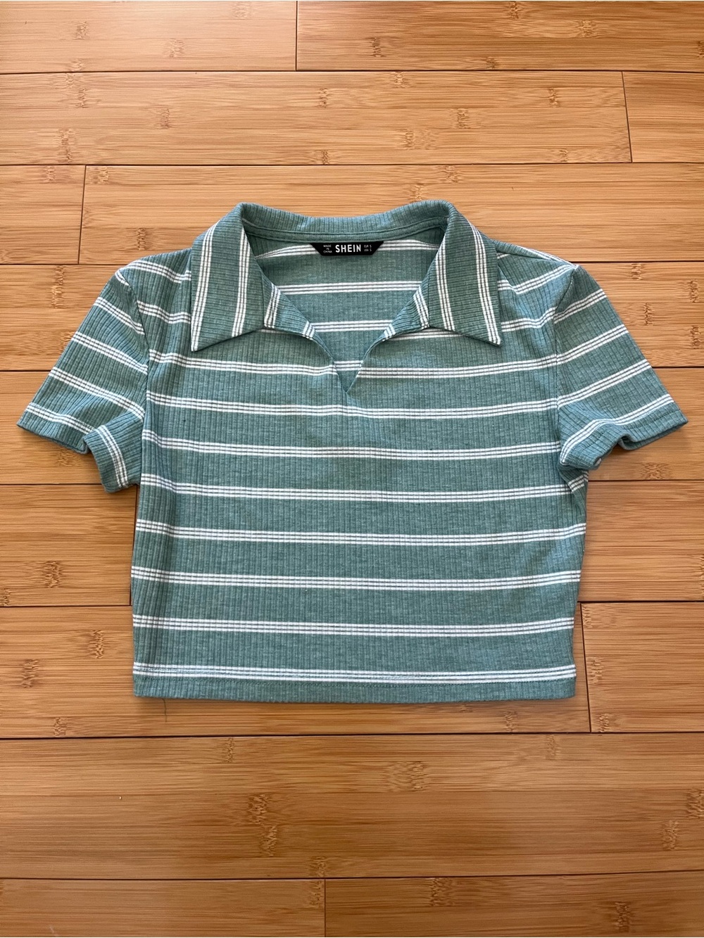 Teal & White Striped Ribbed Polo Crop Top